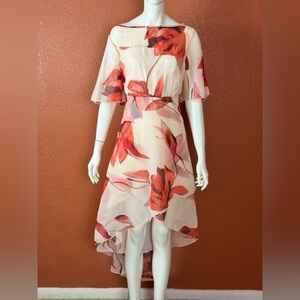 XPLUSWEAR Elegant High-Low Floral Dress in Red and Cream Size Large